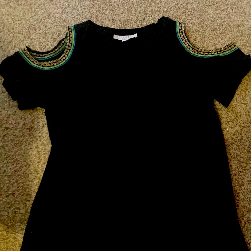 Women’s Black Tee with shoulder cut out.  Size Large